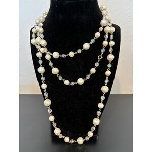 Vintage Aurera Borealis Crystals Faux Daroque Pearls Station Flapper Necklace